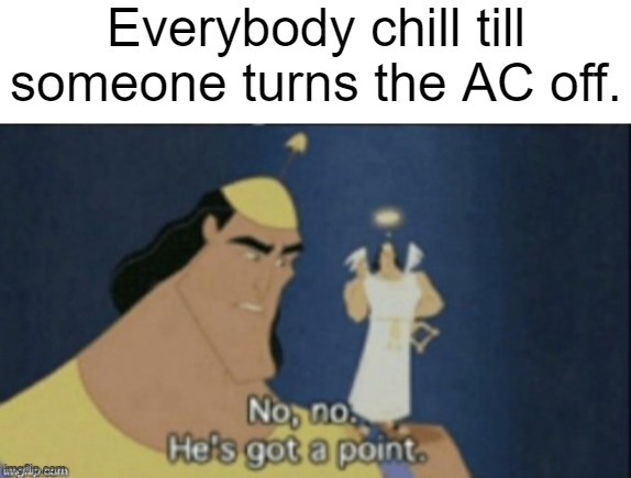 Everybody chill till someone turns the AC off. | image tagged in no no hes got a point | made w/ Imgflip meme maker
