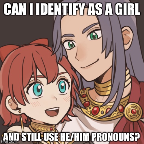 Sayori and Sephiroth | CAN I IDENTIFY AS A GIRL; AND STILL USE HE/HIM PRONOUNS? | image tagged in sayori and sephiroth | made w/ Imgflip meme maker
