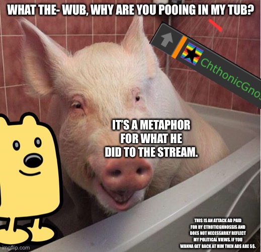 WHAT THE- WUB, WHY ARE YOU POOING IN MY TUB? IT’S A METAPHOR FOR WHAT HE DID TO THE STREAM. THIS IS AN ATTACK AD PAID FOR BY CTHOTICGHNOSSIS AND DOES NOT NECESSARILY REFLECT MY POLITICAL VIEWS. IF YOU WANNA GET BACK AT HIM THEN ADS ARE 5$. | made w/ Imgflip meme maker