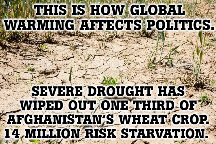 This is how you get the drug trade, political instability and mass migration. | THIS IS HOW GLOBAL WARMING AFFECTS POLITICS. SEVERE DROUGHT HAS WIPED OUT ONE THIRD OF AFGHANISTAN'S WHEAT CROP. 14 MILLION RISK STARVATION. | image tagged in afghanistan,global warming,drought,starvation | made w/ Imgflip meme maker