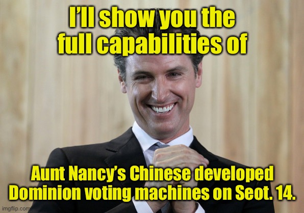 Scheming Gavin Newsom  | I’ll show you the full capabilities of Aunt Nancy’s Chinese developed Dominion voting machines on Seot. 14. | image tagged in scheming gavin newsom | made w/ Imgflip meme maker