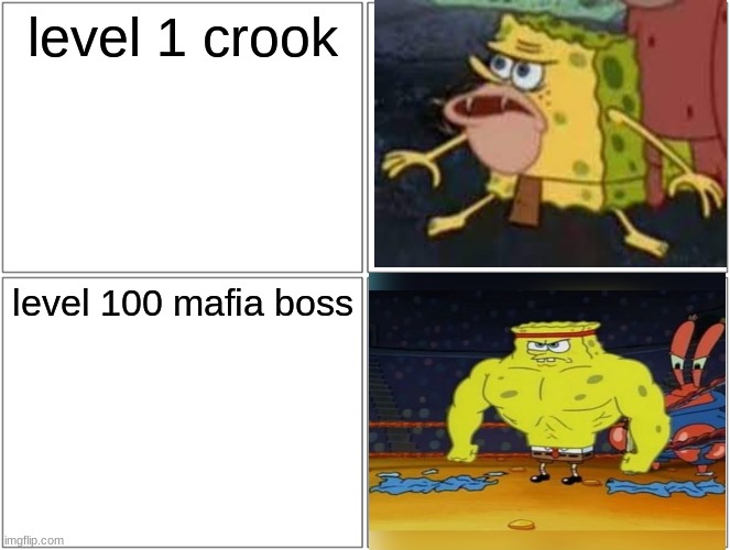 Blank Comic Panel 2x2 | level 1 crook; level 100 mafia boss | image tagged in memes,blank comic panel 2x2 | made w/ Imgflip meme maker