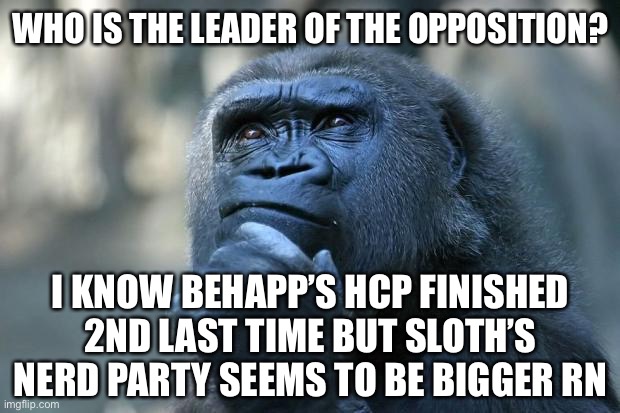 I think NERD has a good chance of overtaking the HCP in October. We may be heading towards a traditional 2 party system. | WHO IS THE LEADER OF THE OPPOSITION? I KNOW BEHAPP’S HCP FINISHED 2ND LAST TIME BUT SLOTH’S NERD PARTY SEEMS TO BE BIGGER RN | image tagged in deep thoughts | made w/ Imgflip meme maker