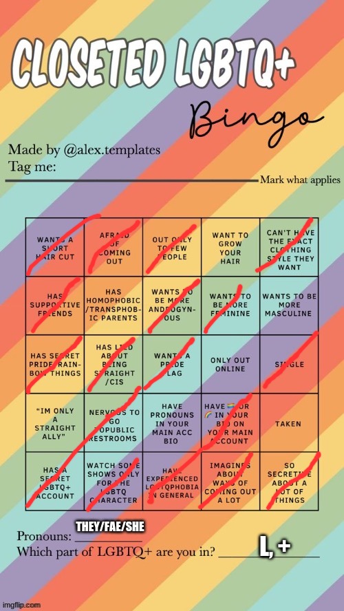 no im not obsessed | THEY/FAE/SHE; L, + | image tagged in closeted lgbtq bingo | made w/ Imgflip meme maker