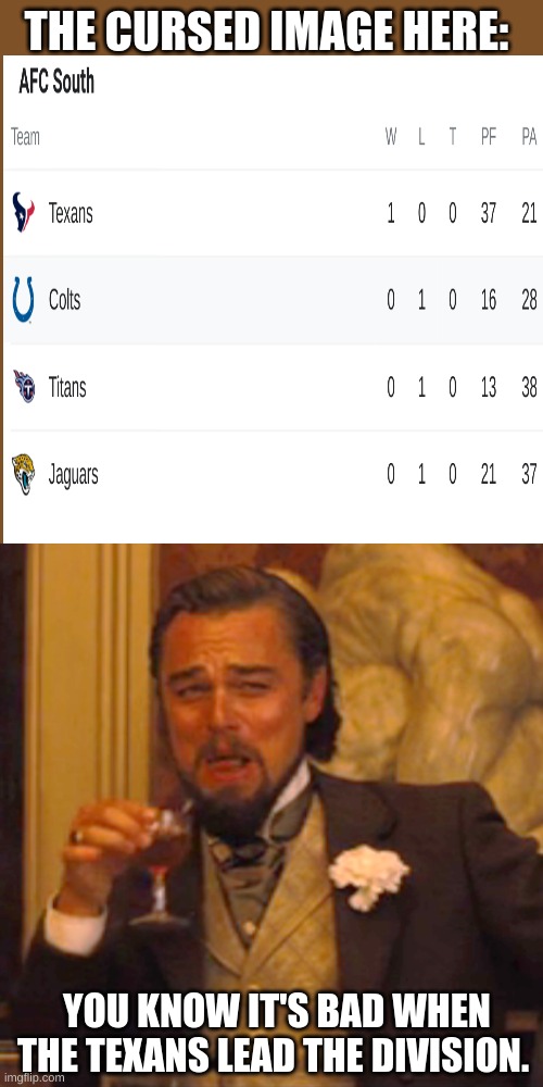 Cursed | THE CURSED IMAGE HERE:; YOU KNOW IT'S BAD WHEN THE TEXANS LEAD THE DIVISION. | image tagged in memes,laughing leo,texans,nfl,cursed | made w/ Imgflip meme maker