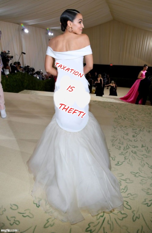 AOC dress | TAXATION; IS; THEFT! | image tagged in aoc dress | made w/ Imgflip meme maker