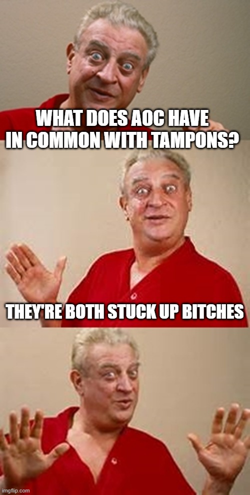 bad pun Dangerfield  | WHAT DOES AOC HAVE IN COMMON WITH TAMPONS? THEY'RE BOTH STUCK UP BITCHES | image tagged in bad pun dangerfield | made w/ Imgflip meme maker