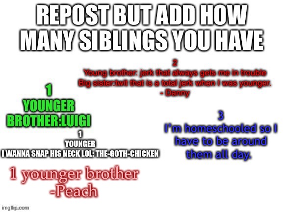 1 younger brother
-Peach | made w/ Imgflip meme maker