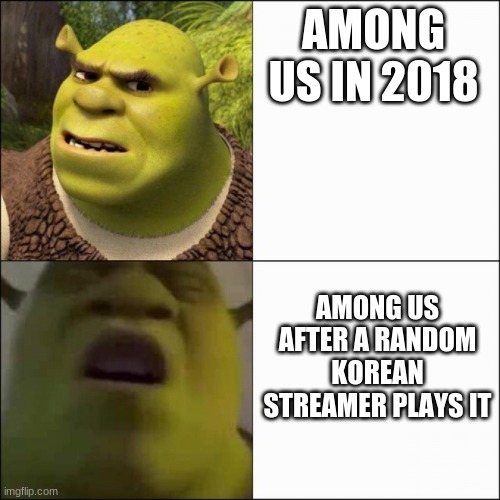 among us rating | AMONG US IN 2018; AMONG US AFTER A RANDOM KOREAN STREAMER PLAYS IT | image tagged in shrek | made w/ Imgflip meme maker