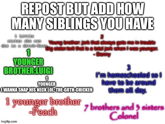 7 brothers and 3 sisters
Colonel | made w/ Imgflip meme maker