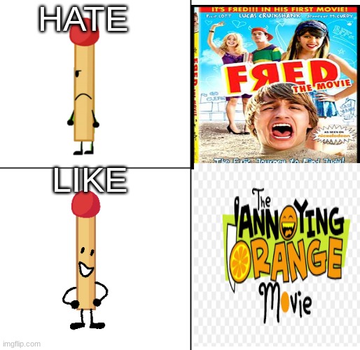 BFB Match thanks of fred movie and annoying orange movie | HATE; LIKE | image tagged in movie,fred,annoying orange,bfb,memes | made w/ Imgflip meme maker
