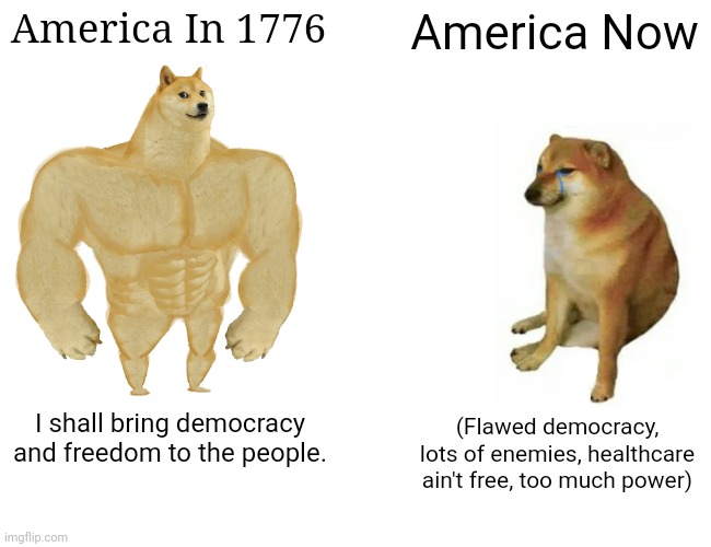 I'm American btw | America In 1776; America Now; I shall bring democracy and freedom to the people. (Flawed democracy, lots of enemies, healthcare ain't free, too much power) | image tagged in memes,buff doge vs cheems,america,funny memes | made w/ Imgflip meme maker