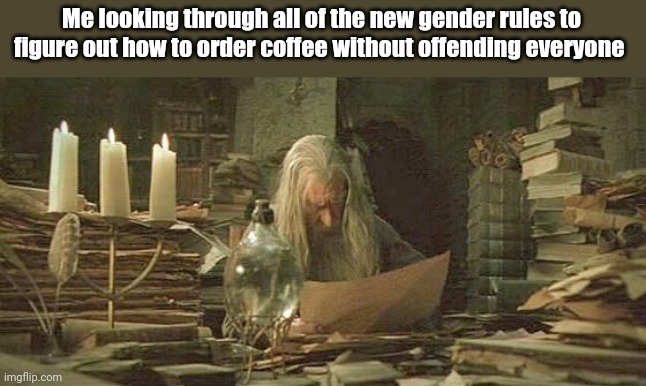 Gandolfini reading scrolls | Me looking through all of the new gender rules to figure out how to order coffee without offending everyone | image tagged in gandolfini reading scrolls | made w/ Imgflip meme maker