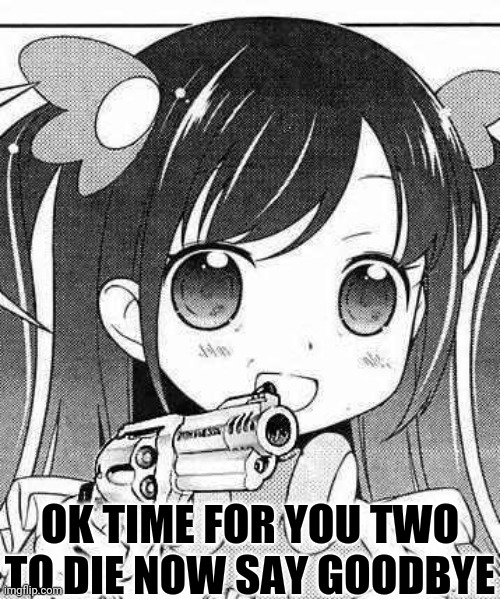 anime girl with a gun | OK TIME FOR YOU TWO TO DIE NOW SAY GOODBYE | image tagged in anime girl with a gun | made w/ Imgflip meme maker