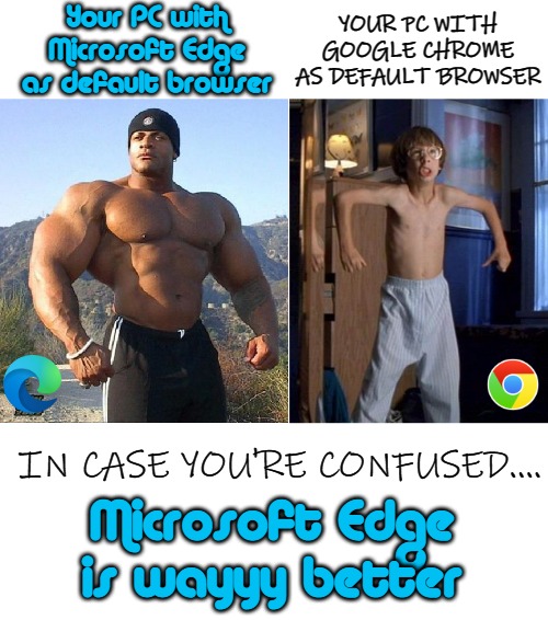 Your PC with Microsoft Edge as default browser; YOUR PC WITH GOOGLE CHROME AS DEFAULT BROWSER; IN CASE YOU'RE CONFUSED.... Microsoft Edge is wayyy better | image tagged in blank white template,buff guy | made w/ Imgflip meme maker