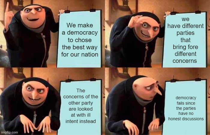 Gru's Plan Meme | we have different parties that bring fore different concerns; We make a democracy to chose the best way for our nation; The concerns of the other party are looked at with ill intent instead; democracy fails since the parties have no honest discussions | image tagged in memes,gru's plan | made w/ Imgflip meme maker