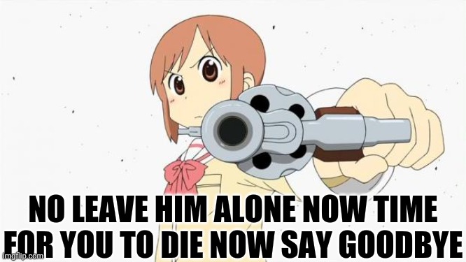 Anime gun point | NO LEAVE HIM ALONE NOW TIME FOR YOU TO DIE NOW SAY GOODBYE | image tagged in anime gun point | made w/ Imgflip meme maker