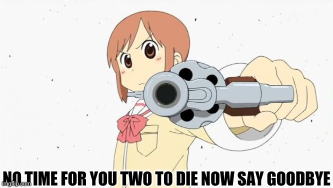 Anime gun point | NO TIME FOR YOU TWO TO DIE NOW SAY GOODBYE | image tagged in anime gun point | made w/ Imgflip meme maker