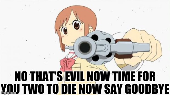 Anime gun point | NO THAT'S EVIL NOW TIME FOR YOU TWO TO DIE NOW SAY GOODBYE | image tagged in anime gun point | made w/ Imgflip meme maker