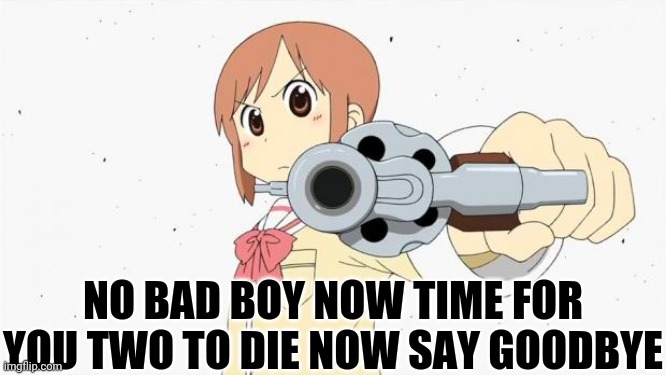 Anime gun point | NO BAD BOY NOW TIME FOR YOU TWO TO DIE NOW SAY GOODBYE | image tagged in anime gun point | made w/ Imgflip meme maker