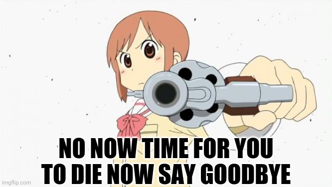 Anime gun point | NO NOW TIME FOR YOU TO DIE NOW SAY GOODBYE | image tagged in anime gun point | made w/ Imgflip meme maker