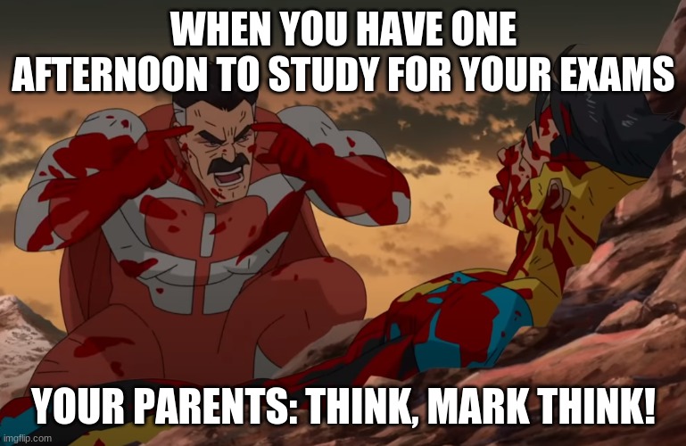 Think Mark, Think | WHEN YOU HAVE ONE AFTERNOON TO STUDY FOR YOUR EXAMS; YOUR PARENTS: THINK, MARK THINK! | image tagged in think mark think | made w/ Imgflip meme maker