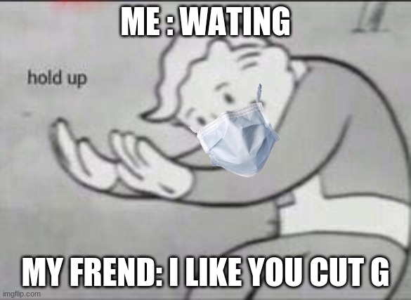 Fallout Hold Up | ME : WATING; MY FREND: I LIKE YOU CUT G | image tagged in my friends and i be like | made w/ Imgflip meme maker