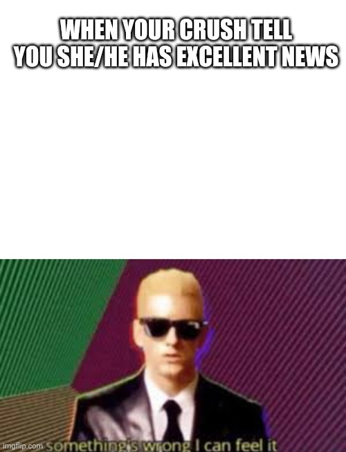 Sorry bout the extra space, I'm really not too sure to adjust the size of an image. |  WHEN YOUR CRUSH TELL YOU SHE/HE HAS EXCELLENT NEWS | image tagged in blank white template | made w/ Imgflip meme maker