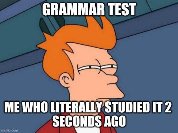 am stupid | GRAMMAR TEST; ME WHO LITERALLY STUDIED IT 2 
SECONDS AGO | image tagged in memes,futurama fry | made w/ Imgflip meme maker