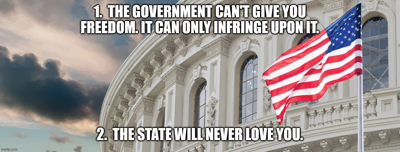 Government Love | 1.  THE GOVERNMENT CAN'T GIVE YOU FREEDOM. IT CAN ONLY INFRINGE UPON IT. 2.  THE STATE WILL NEVER LOVE YOU. | image tagged in big government | made w/ Imgflip meme maker