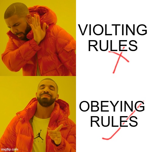 fun | VIOLTING
RULES; OBEYING 
RULES | image tagged in memes,drake hotline bling | made w/ Imgflip meme maker