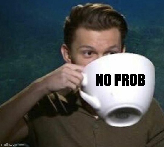 tom holland big teacup | NO PROB | image tagged in tom holland big teacup | made w/ Imgflip meme maker