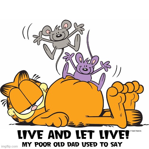 Garfield's Philosophy (mine, too!) | LIVE AND LET LIVE! MY POOR OLD DAD USED TO SAY | image tagged in vince vance,garfield,memes,comic strip,cat and mouse,live and let live | made w/ Imgflip meme maker