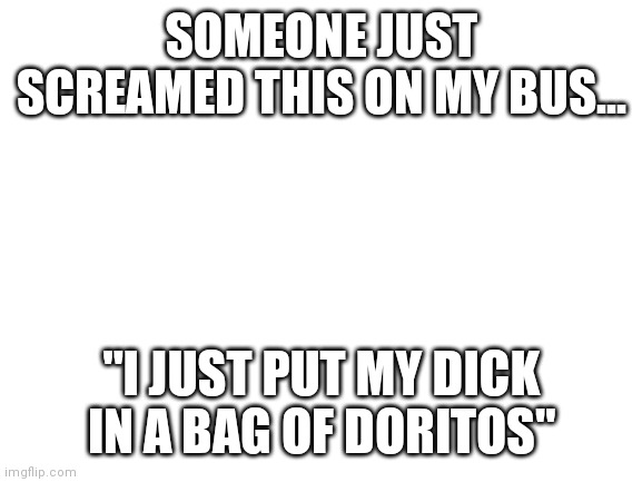 ... | SOMEONE JUST SCREAMED THIS ON MY BUS... "I JUST PUT MY DICK IN A BAG OF DORITOS" | image tagged in blank white template | made w/ Imgflip meme maker