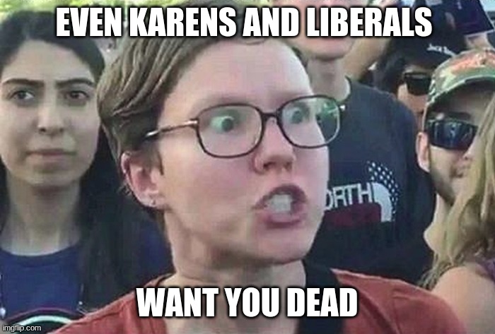 Triggered Liberal | EVEN KARENS AND LIBERALS WANT YOU DEAD | image tagged in triggered liberal | made w/ Imgflip meme maker