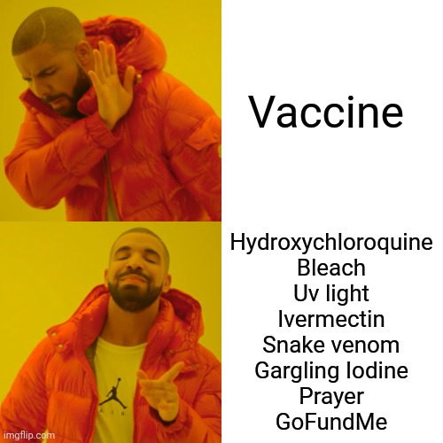 Drake Hotline Bling Meme | Vaccine; Hydroxychloroquine
Bleach
Uv light
Ivermectin
Snake venom
Gargling Iodine
Prayer
GoFundMe | image tagged in memes,drake hotline bling | made w/ Imgflip meme maker