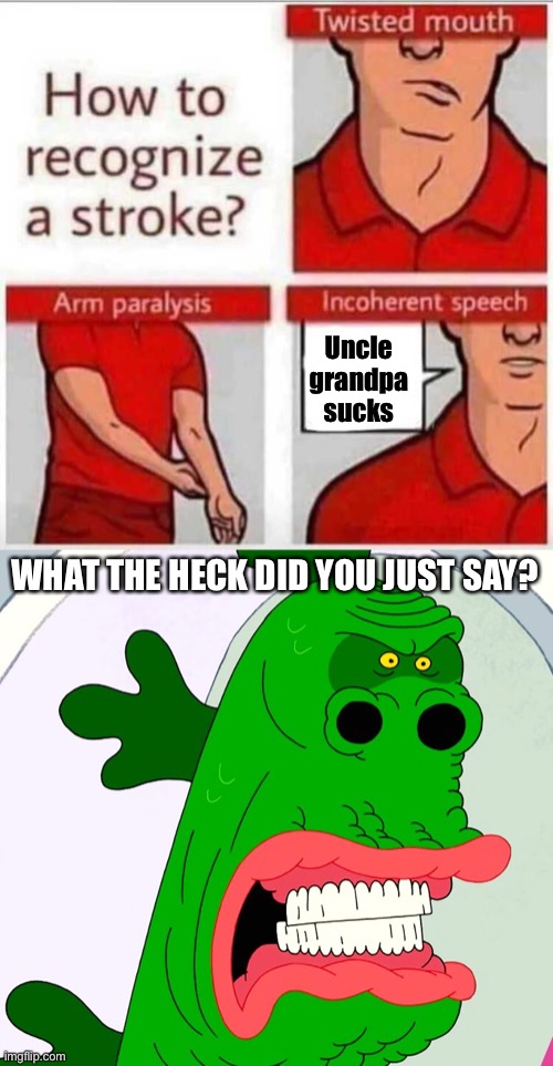 Uncle grandpa sucks; WHAT THE HECK DID YOU JUST SAY? | image tagged in how to recognize a stroke | made w/ Imgflip meme maker