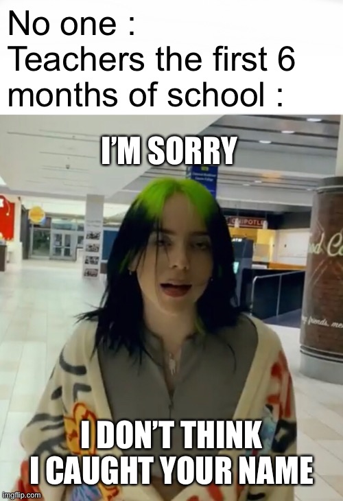 They never remember it. WHY do they never remember it. |  No one :
Teachers the first 6 months of school :; I’M SORRY; I DON’T THINK I CAUGHT YOUR NAME | image tagged in billie eilish,school | made w/ Imgflip meme maker