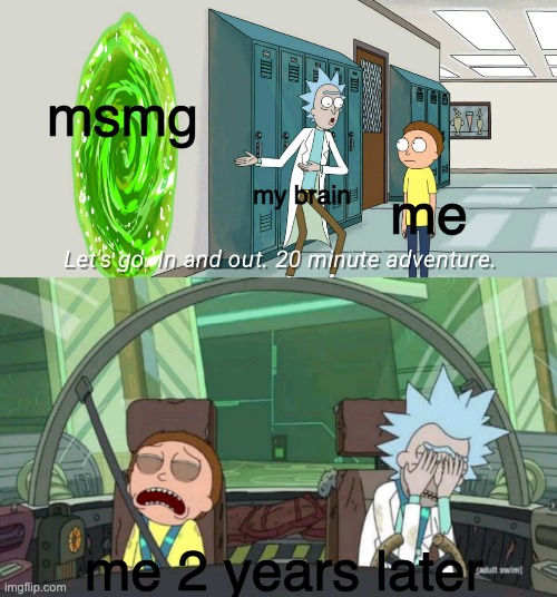20 minute adventure rick morty | msmg; my brain; me; me 2 years later | image tagged in 20 minute adventure rick morty | made w/ Imgflip meme maker