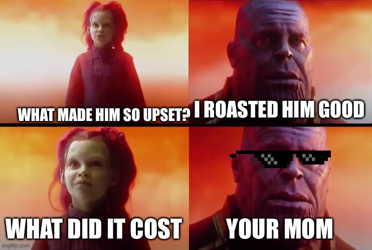 OOF | I ROASTED HIM GOOD; WHAT MADE HIM SO UPSET? WHAT DID IT COST; YOUR MOM | image tagged in thanos what did it cost,funny | made w/ Imgflip meme maker