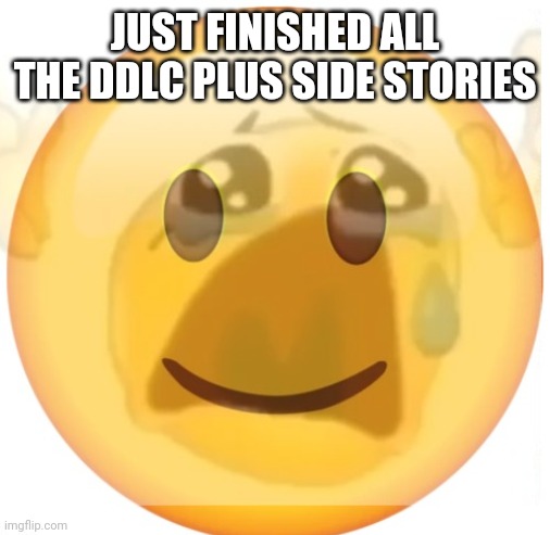 :,) | JUST FINISHED ALL THE DDLC PLUS SIDE STORIES | image tagged in happy emoji on the outside but crying on the inside | made w/ Imgflip meme maker
