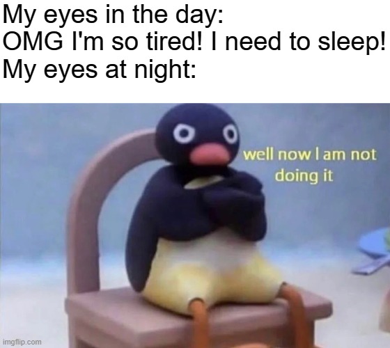 My eyes in the day: OMG I'm so tired! I need to sleep!
My eyes at night: | image tagged in pingu well now i am not doing it,sleep | made w/ Imgflip meme maker