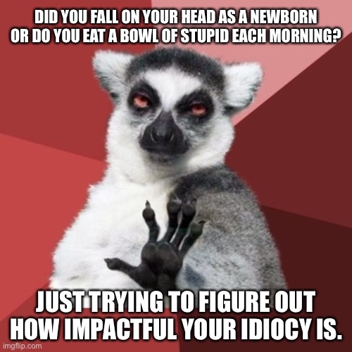 Idiocy is impactful |  DID YOU FALL ON YOUR HEAD AS A NEWBORN OR DO YOU EAT A BOWL OF STUPID EACH MORNING? JUST TRYING TO FIGURE OUT HOW IMPACTFUL YOUR IDIOCY IS. | image tagged in memes,chill out lemur,idiot,stupid,cereal,insult | made w/ Imgflip meme maker