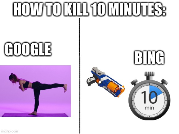 Blank White Template | HOW TO KILL 10 MINUTES:; GOOGLE; BING | image tagged in google vs bing,how to kill ten min,lemon | made w/ Imgflip meme maker