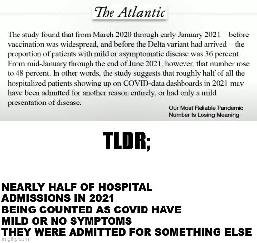 The emperor has no clothes | NEARLY HALF OF HOSPITAL ADMISSIONS IN 2021 BEING COUNTED AS COVID HAVE MILD OR NO SYMPTOMS
THEY WERE ADMITTED FOR SOMETHING ELSE; TLDR; | image tagged in covid-19 | made w/ Imgflip meme maker