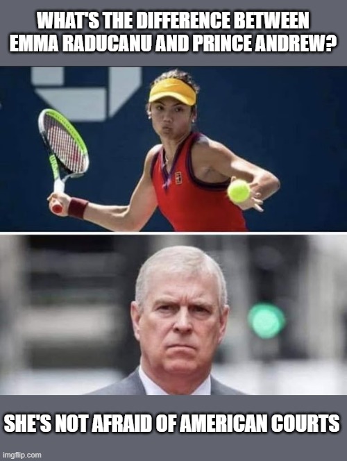 what's the difference? | WHAT'S THE DIFFERENCE BETWEEN EMMA RADUCANU AND PRINCE ANDREW? SHE'S NOT AFRAID OF AMERICAN COURTS | image tagged in prince andrew,jeffrey epstein | made w/ Imgflip meme maker