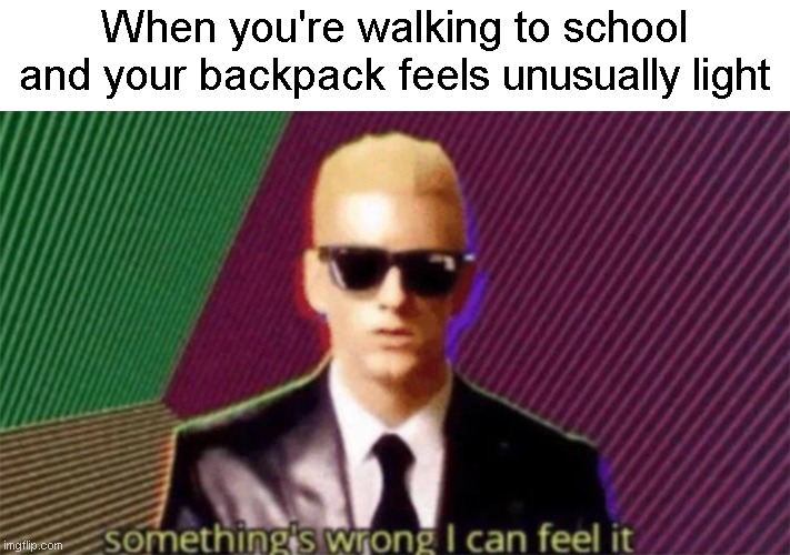 Something is wrong with baggie | When you're walking to school and your backpack feels unusually light | image tagged in something's wrong i can feel it,school | made w/ Imgflip meme maker