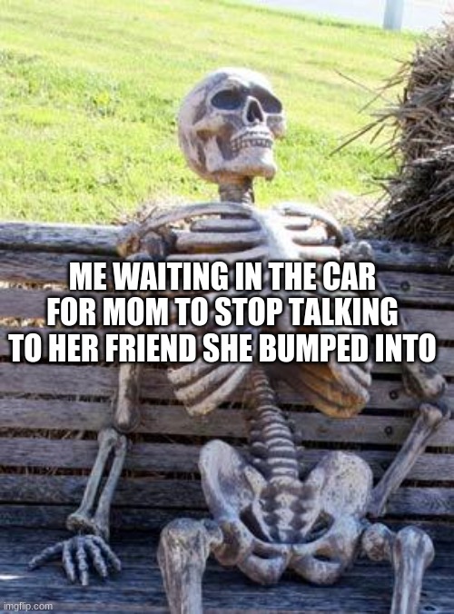 Waiting Skeleton | ME WAITING IN THE CAR FOR MOM TO STOP TALKING TO HER FRIEND SHE BUMPED INTO | image tagged in memes,waiting skeleton | made w/ Imgflip meme maker