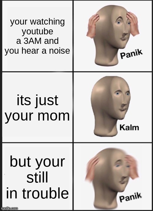 well... | your watching youtube a 3AM and you hear a noise; its just your mom; but your still in trouble | image tagged in memes,panik kalm panik | made w/ Imgflip meme maker