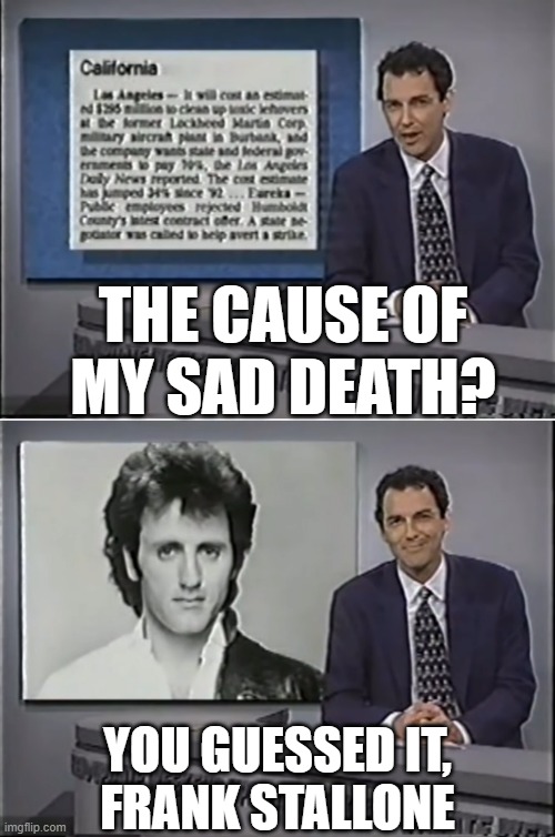 R.I.P. Norm MacDonald |  THE CAUSE OF MY SAD DEATH? YOU GUESSED IT,
FRANK STALLONE | image tagged in norm macdonald,rest in peace,snl,comedy,funny,memes | made w/ Imgflip meme maker
